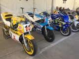 Oct 2017 Jarama Spain Suzuki RGB500 Power Valve, Kenny Roberts Junior  RGV500 and the Sito Pons XR45 . for the  50th Anniversary Meeting 